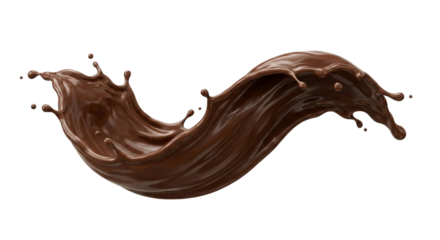 Chocolate splash with swirl smooth texture brown sweet liquid flowing dessert isolated on transparent background