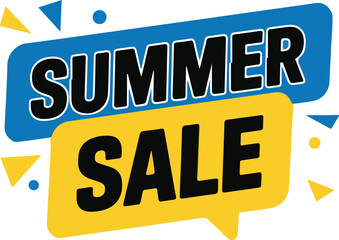 Summer sale advertisement featuring blue and yellow speech bubbles isolated on, perfect for seasonal promotions and retail marketing campaigns