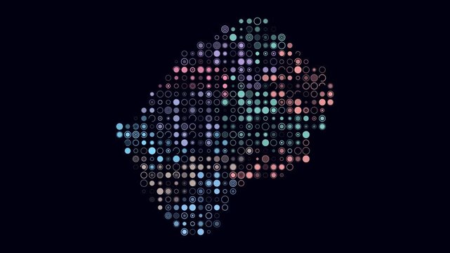 Lesotho animated country shape. Pulsating colored dots on the map of the country. Large size circle blocks. Digital style Lesotho map on dark background. Amazing animation video.
