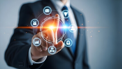 Businessman interacting with digital interface displaying icons of various industries and services