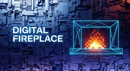 Digital Fireplace with Pixelated Flames and Neon Wireframe on a Futuristic Circuit Board Background
