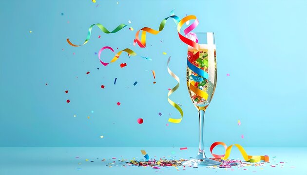 Celebratory Champagne Glass with Colorful Confetti and Streamers.