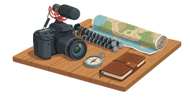 Travel blogger's essential gear for documenting adventures with camera and map on wooden desk isolated on transparent background