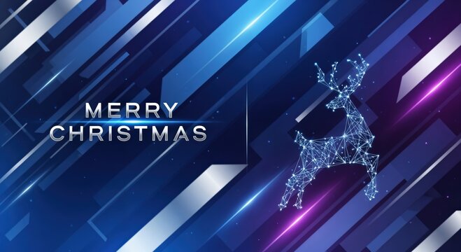 MERRY CHRISTMAS digital polygonal reindeer on an abstract blue and purple background with modern geometric lines and light streaks, festive greeting card design