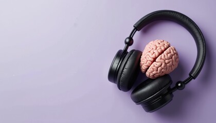 Brain with black headphones on purple background. Human brain, music headphones. Neuropsychology, audio technology. Brain function, sound perception. Listening to music, mental health. Cognitive