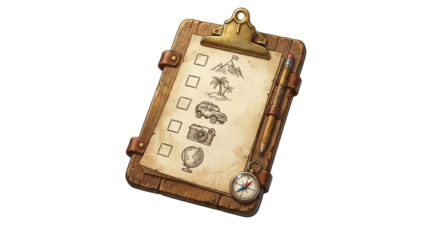 Adventure trip preparation checklist wooden clipboard with pencil and compass isolated on transparent background
