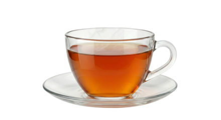 Cup of tea with saucer clear glass drink beverage refreshment relax time isolated on transparent background