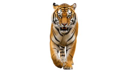 Walking Bengal tiger looking at camera isolated PNG with Transparent Background