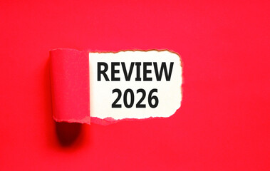 Review 2026 symbol. Concept words Review 2026 on beautiful white paper. Beautiful red paper background. Business and review 2026 concept. Copy space.
