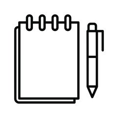 Simple black and white line icon of a spiral notepad and a pen, isolated on