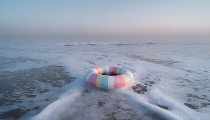 Obraz premium Pastel striped lifebuoy floating in sea foam at the shore.