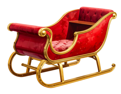 Ornate red velvet christmas sleigh isolated on transparent background