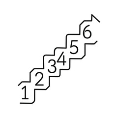 Black and white line art icon representing six steps or stages in a process, isolated on