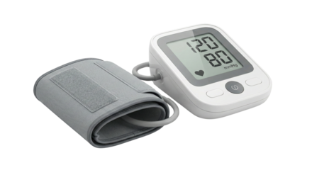 Checking blood pressure with electronic monitor for health and wellness analysis isolated on transparent background
