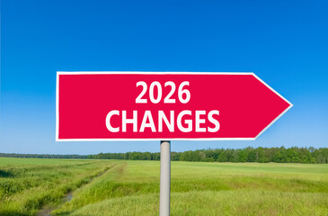 2026 Changes symbol. Concept words 2026 Changes on beautiful red road sign. Beautiful green grass field forest and blue sky background. Business and 2026 changes concept. Copy space.