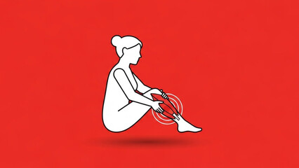 Woman sitting massaging her calf muscle with red background indicating pain and discomfort on the leg area