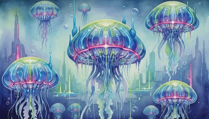 vibrant jellyfish scene in underwater world showing futuristic city idea with marine life concept and fantasy theme