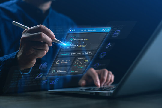 A developer analyzing and optimizing SQL queries on a hologram interface, featuring performance metrics, slow query detection, index recommendations, and execution time analysis for database tuning.