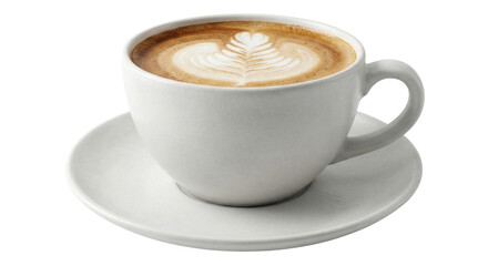 Fototapeta premium Latte art in coffee cup on saucer representing caffeine beverage and coffee shop drink isolated on transparent background