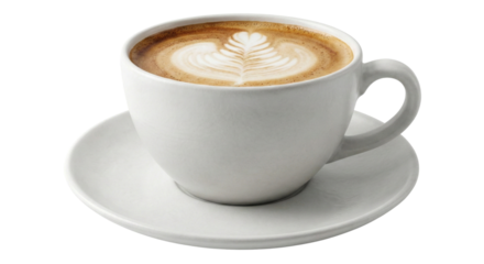 Latte art in coffee cup on saucer representing caffeine beverage and coffee shop drink isolated on transparent background