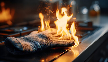 Burning oven mitt on a hot stove surface with flames spreading in a kitchen, fire safety during holiday cooking footage.