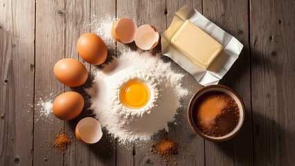 Fresh baking ingredients on rustic wood table ready for homemade dessert