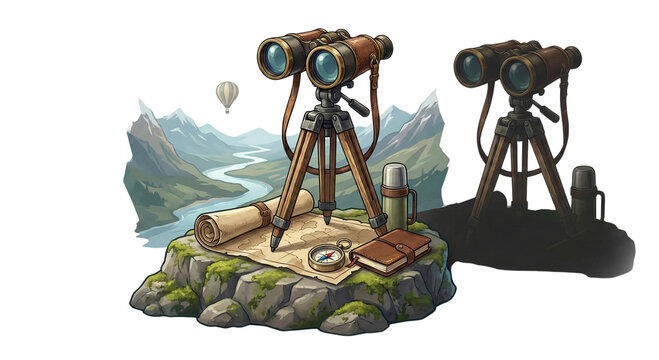 Vintage binoculars and telescope on cliff with map on transparent background image isolated on transparent background - Powered by Adobe