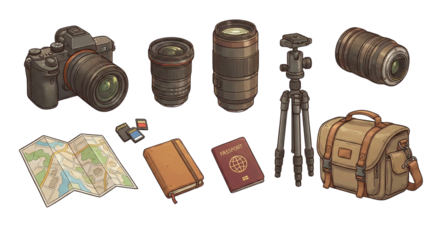 Travel gear and accessories for photographer packing for journey to explore the world isolated on transparent background