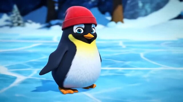A little penguin wearing a red hat slides on the ice, spins and then falls down slipping cutely, cute facial expression, 3D cartoon style, bright atmosphere