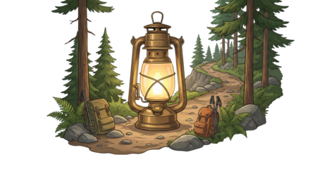 Illustration of antique lantern with backpack and trees in the background scene isolated on transparent background