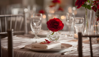 Romantic table setup with single red flower centerpiece and white tablecloth