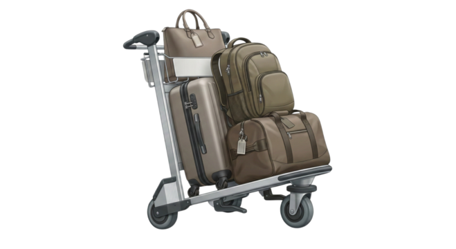 Illustration of luggage cart stacked with bags at airport for traveling concept isolated on transparent background