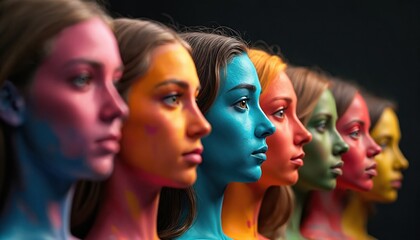 Obraz premium Illustration of diverse women with painted faces stands together. Faces colored with different hues in a row. Concept of equality inclusivity and acceptance. Diversity is beautiful.