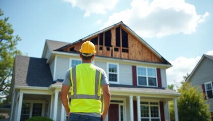 Construction inspector in safety vest and hard hat examines damaged house roof. He assesses home building structure for repair. Worker evaluates property loss from storm insurance claim.