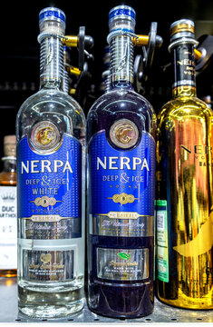 Nerpa Noble Russian Vodka on the shelf in a superstore. Bottled alcoholic beverages