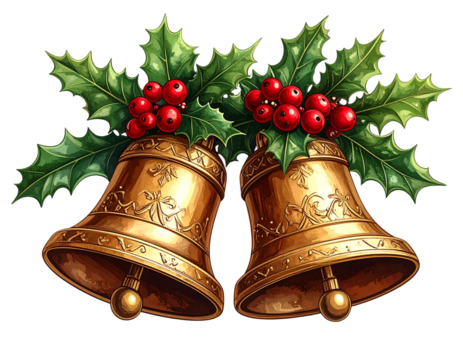 Golden christmas bells with holly and berries isolated on transparent background - Powered by Adobe