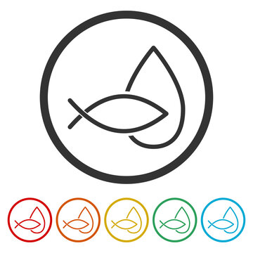 Fish collagen icon, fish oil icon. Set icons in color circle buttons