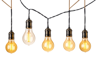Five edison light bulbs on a black background isolated on transparent background