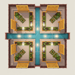 Aerial View Of A Courtyard With Water Channels And Flower Beds top view isolated on a transparent background