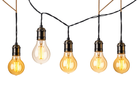 Five edison light bulbs on a black background isolated on transparent background