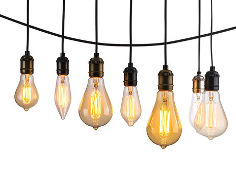 Collection of vintage edison filament light bulbs hanging isolated on transparent background