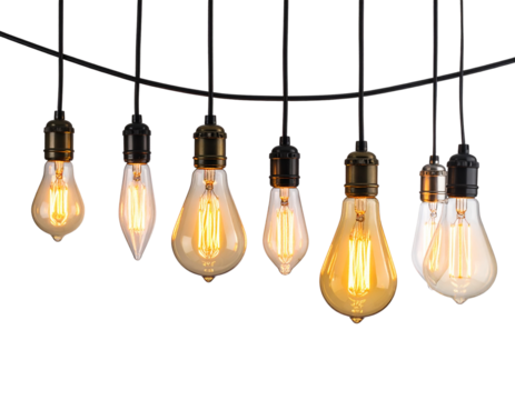 Collection of vintage edison filament light bulbs hanging isolated on transparent background