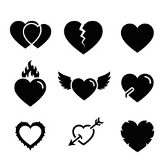 Collection of black heart icons representing love loss and passion