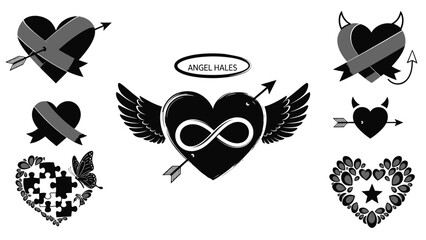 Collection of heart designs with wings arrows and devilish elements in black and white
