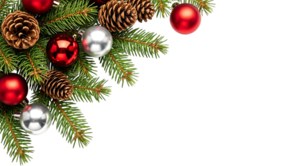 Festive fir branch with red and silver baubles and pine cones