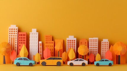 A vibrant, paper-cut cityscape featuring colorful buildings and cars against a bright yellow background, creating a playful, artistic representation.
