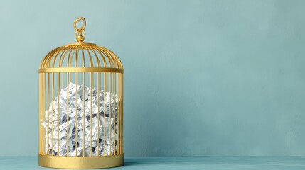 A golden birdcage filled with crumpled paper sits on a blue surface against a textured wall, symbolizing confinement and creativity.