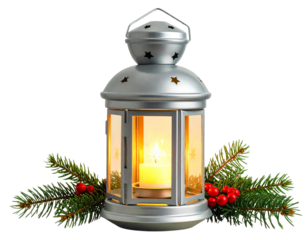 Vintage christmas lantern with evergreen branches and berries isolated on transparent background