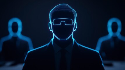 A stylized digital representation of a man in a suit, highlighted against a dark background, with two shadowy figures seated behind him.