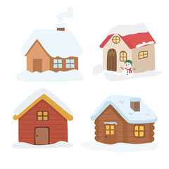 Fototapeta premium Winter snowy landscape with houses and tree covered by snow. Winter snow house clipart. Winter element clipart. Hello winter vector. Flat vector in cartoon style isolated on white background.